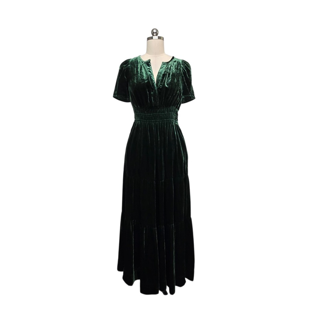 Anthropologie Somerset Emerald Green Velvet Smocked Tiered Maxi Dress Size XS